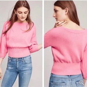 Anthropologie Knitted & Knotted Pink Cropped Balloon Sleeve Sweater Size Large